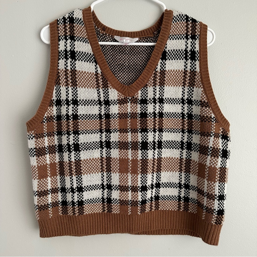 XL plaid cropped sweater vest brown v-neck juniors women’s crop no boundaries